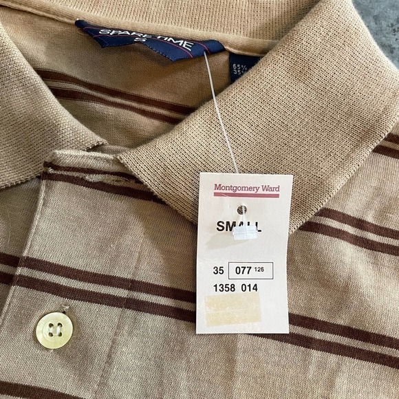 NWT Vintage Polo Shirt Mens Small Sparetime Single Stitch Retro Brown Tan Stripe - Picture 6 of 10